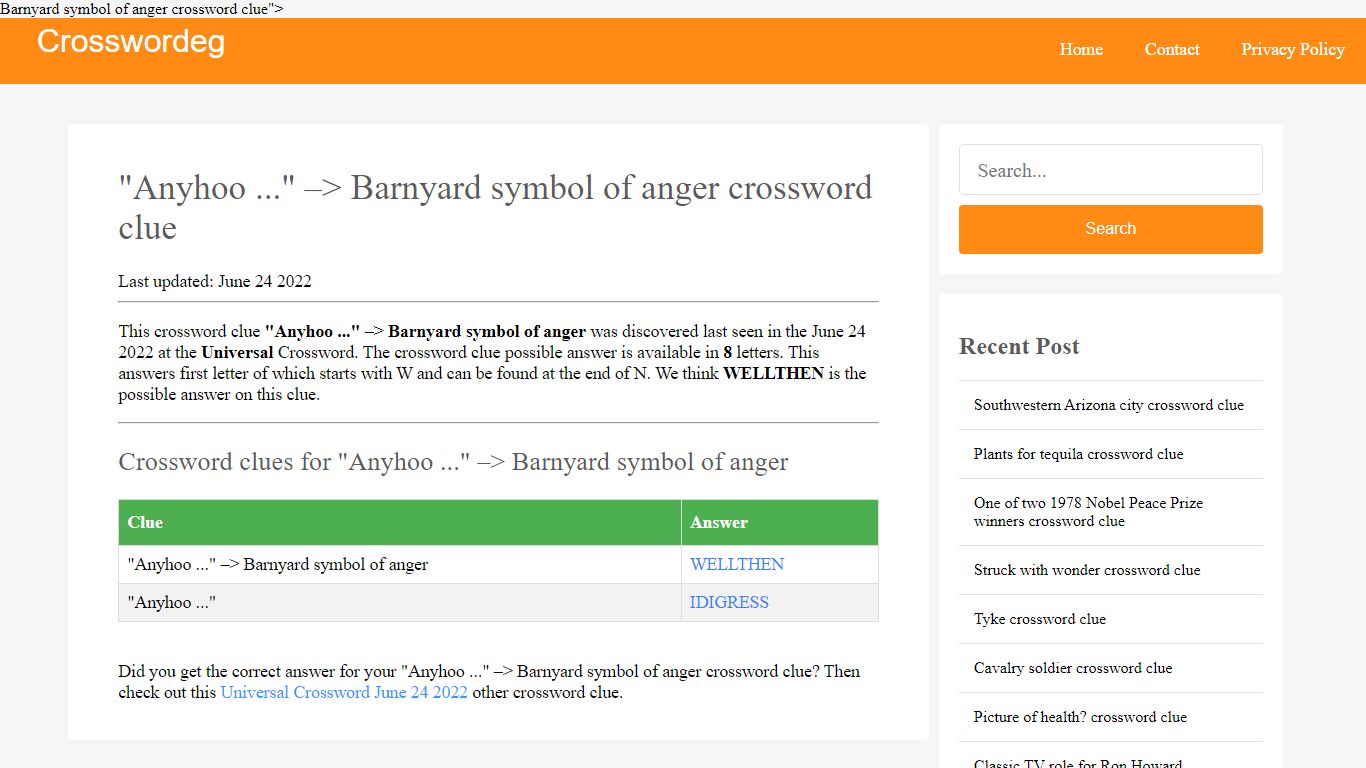 "Anyhoo ..." –> Barnyard symbol of anger crossword clue